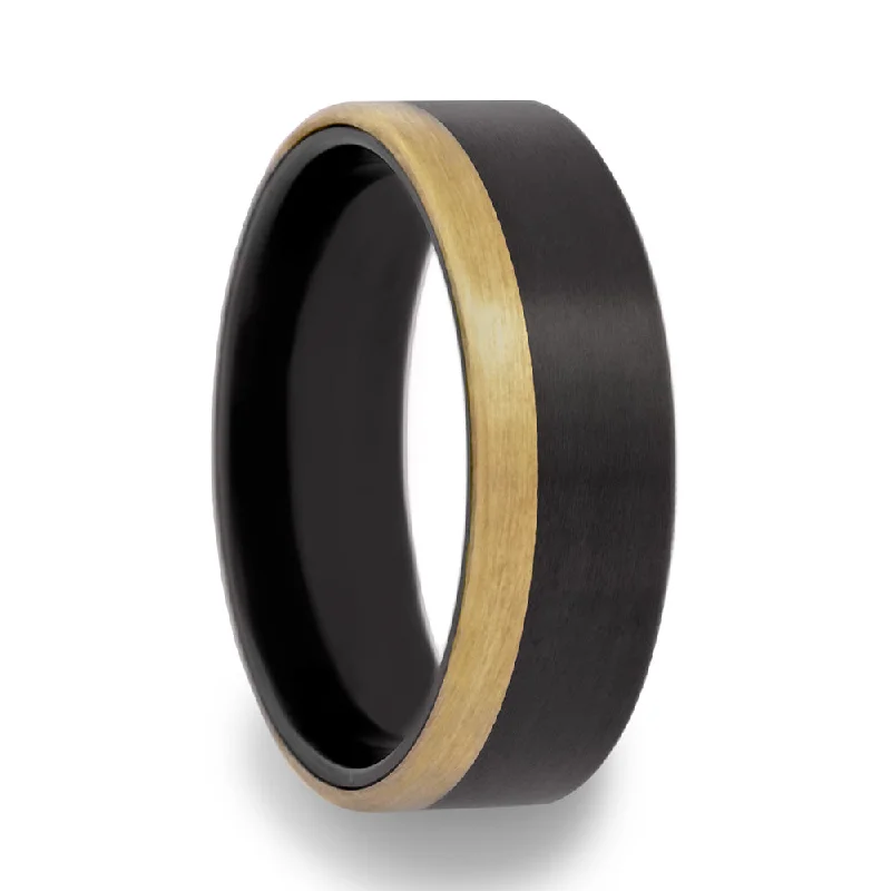 Custom rings with custom initials-Zirconium Wedding Band with Asymmetrical 14k Yellow Gold Inlay