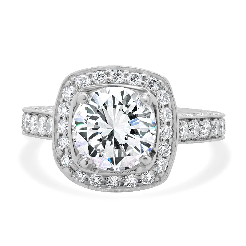 Luxury engagement rings with diamond bands-18 Karat White Gold Diamond Semi Mount with CZ Center