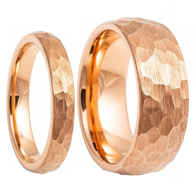 Custom wedding rings with birthstones-Hammered Rose Gold Brushed Tungsten Couple's Matching Wedding Band Set