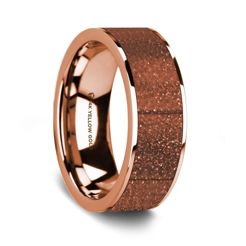 Unique rings with emerald stones-Orange Goldstone Inlay 14k Rose Gold Men's Wedding Band