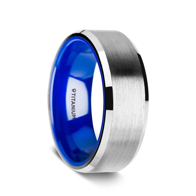 Modern engagement rings for women-Titanium Men's Wedding Band with Contrasting Blue Interior