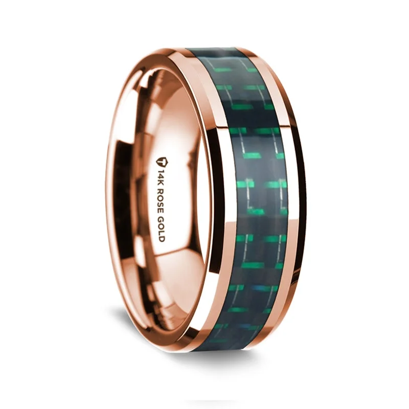 Stunning diamond wedding rings-14k Rose Gold Men's Wedding Band with Black & Green Carbon Fiber Inlay