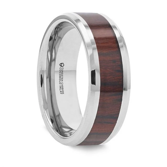 Beautiful cocktail rings for women-Tungsten Men's Wedding Band with Cocobolo Wood Inlay