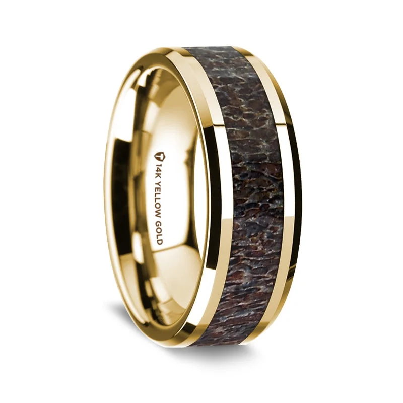 Custom wedding rings with engraving-14k Yellow Gold Men's Wedding Band with Dark Deer Antler Inlay