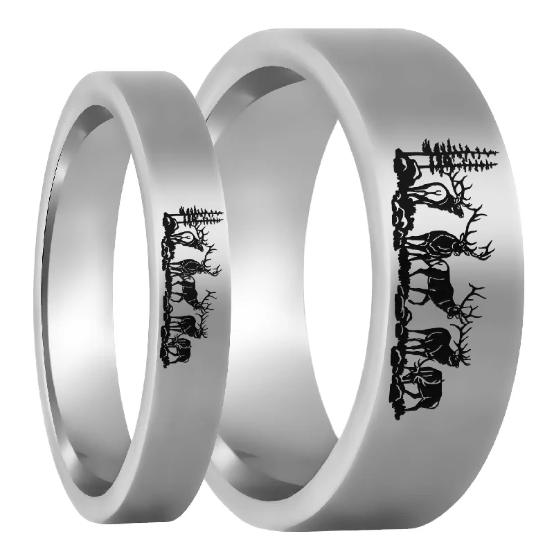 Elegant vintage rings for women-Bull Elk Tungsten Couple's Matching Wedding Band Set