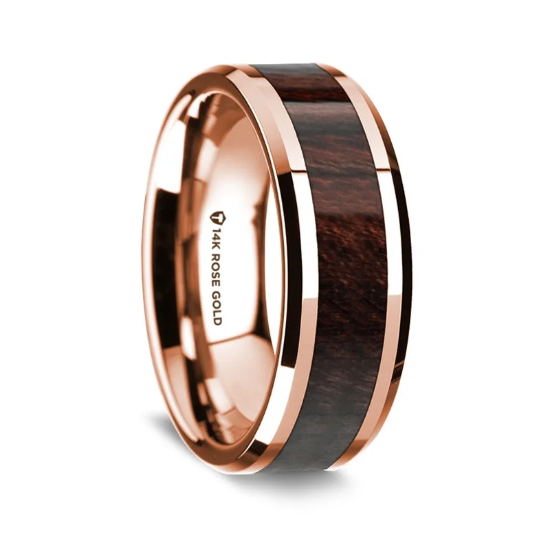 Affordable sterling silver rings-14k Rose Gold Men's Wedding Band with Bubinga Wood Inlay