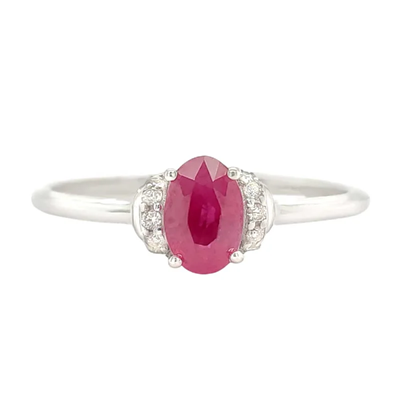 Personalized engagement rings with names engraved-Petite Oval Ruby Ring with Diamond Accents on White Gold Band