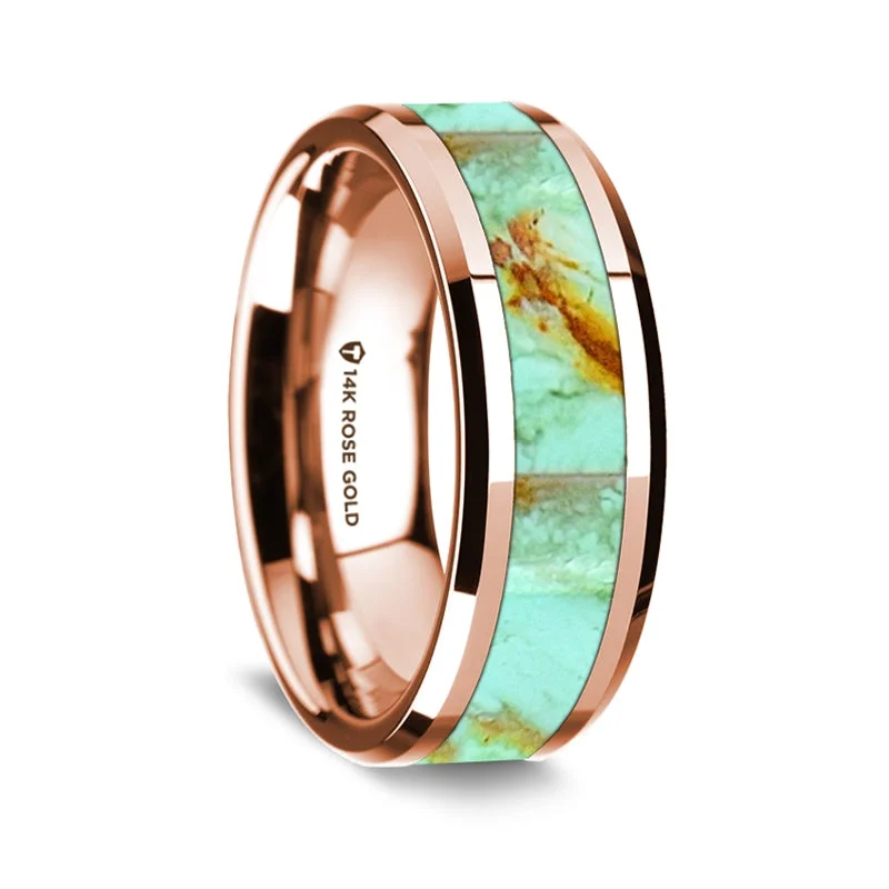 Bold statement rings for women-Turquoise Inlay 14k Rose Gold Men's Wedding Band