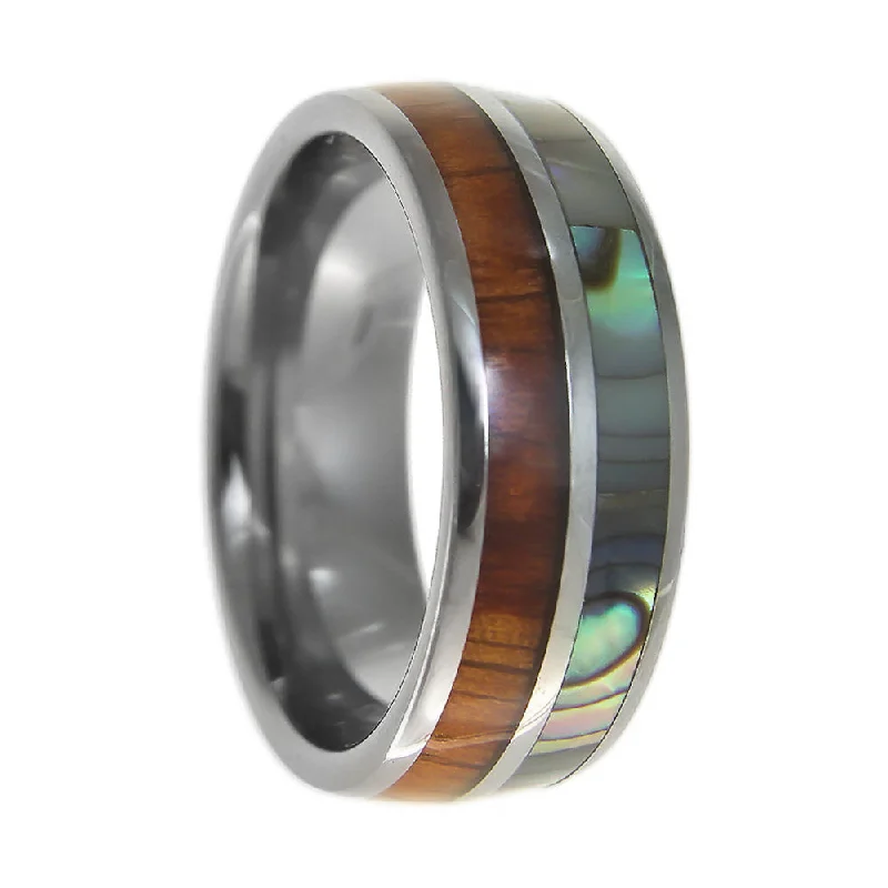 Beautiful rings with opals-Men's Tungsten Wedding Band with Hawaiian Koa Wood & Abalone Shell Inlay