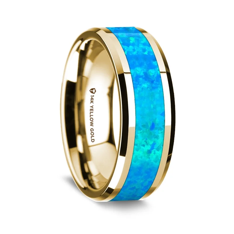 Trendy rings for modern women-14k Yellow Gold Men's Wedding Band with Blue Opal Inlay