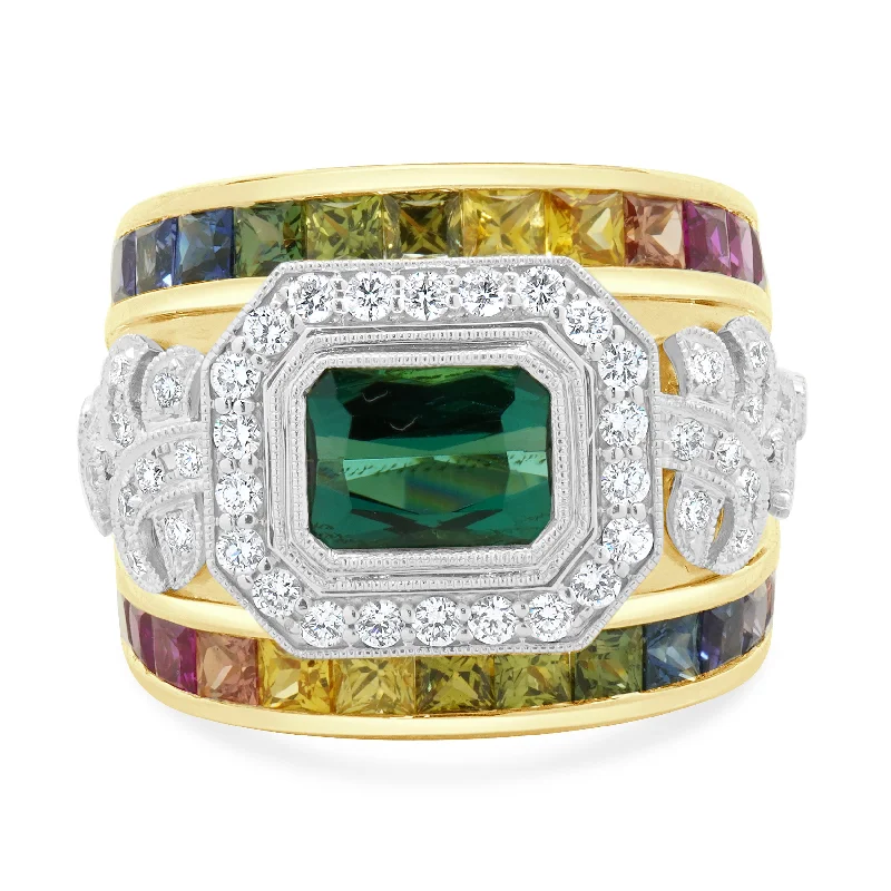 Classic engagement rings with radiant cut diamonds-18 Karat Yellow Gold Green Tourmaline, Rainbow Sapphire, and Diamond Ring