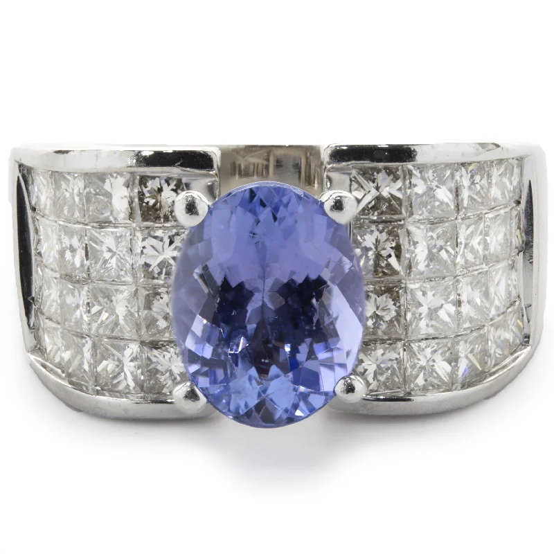 Designer engagement rings with intricate settings-14 Karat White Gold Tanzanite and Invisible Set Diamond Ring