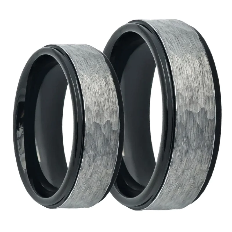 Stylish rings with colored diamonds-Hammered Brushed Tungsten Couple's Matching Wedding Band Set with Black Interior