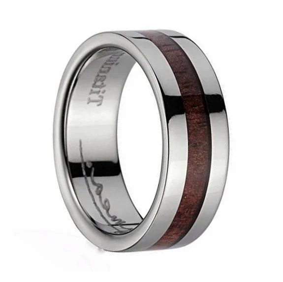 Classic diamond rings with intricate settings-Flat Men's Titanium Wedding Band with Hawaiian Koa Wood Inlay