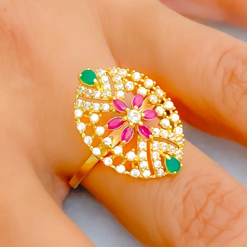 Affordable engagement rings for women-Multi-Color Flower 22k Gold CZ Statement Ring