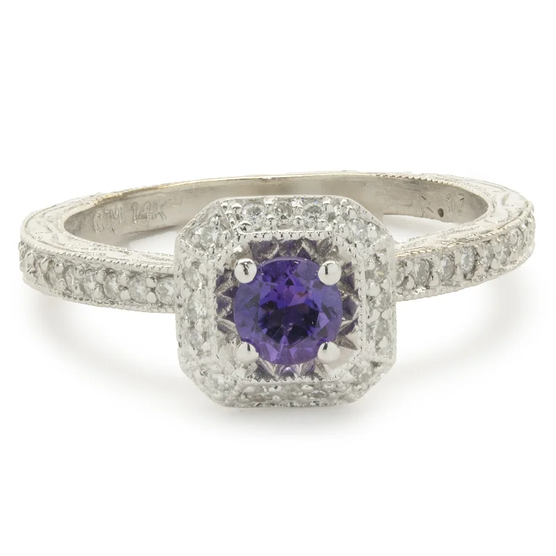 Custom-designed engagement rings with floral designs-14 Karat White Gold Amethyst and Diamond Ring