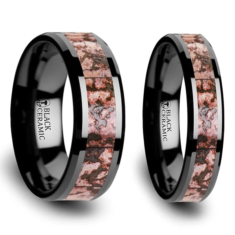 Affordable diamond rings for women-Pink Dinosaur Bone Inlaid Black Ceramic Couple's Matching Wedding Band Set