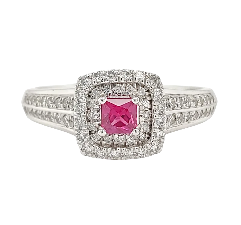 Affordable engagement rings with natural diamonds-Princess Cut Double Diamond Halo Ruby Ring with Channel Set Diamond White Gold Band