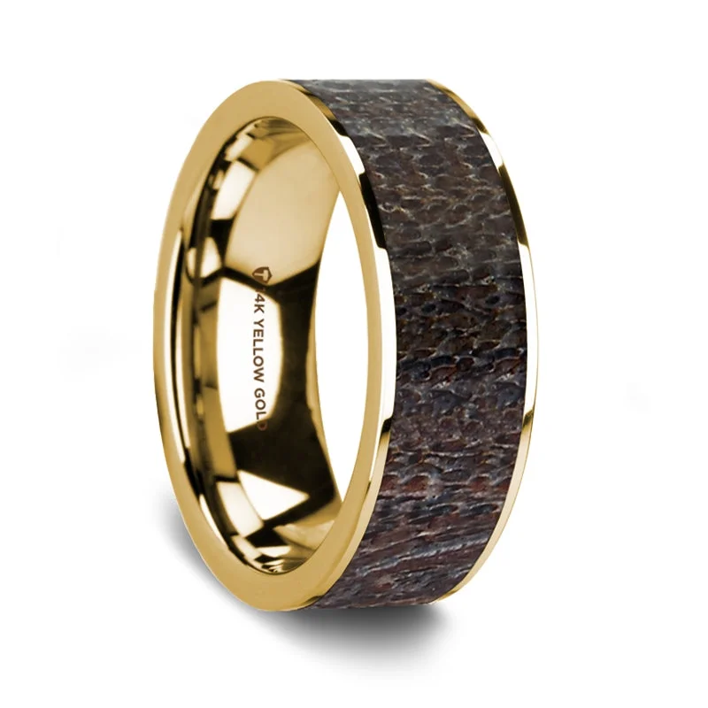 Gold rings for everyday wear-Dark Deer Antler Inlay 14k Yellow Gold Men's Wedding Band