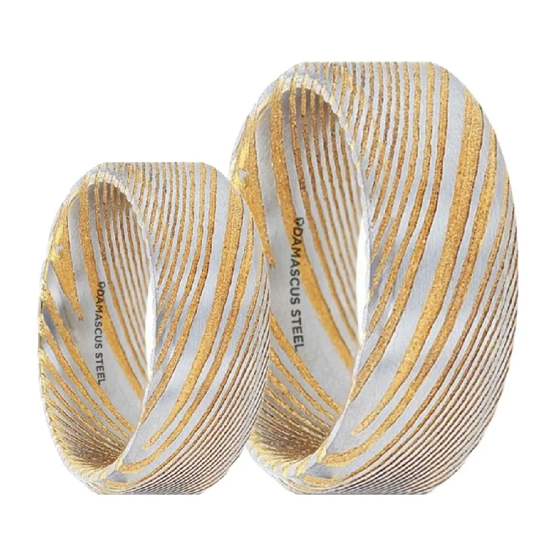 Affordable wedding rings for women-Gold Damascus Steel Couple's Matching Wedding Band Set