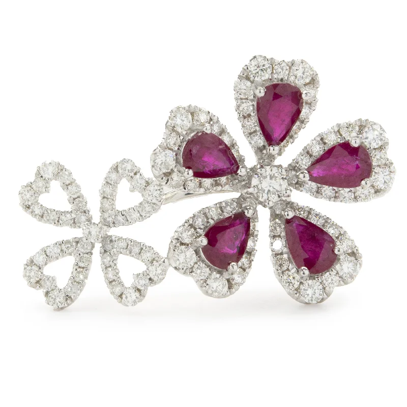 Affordable engagement rings with white gold bands-14 Karat White Gold Ruby and Diamond Double Flower Ring