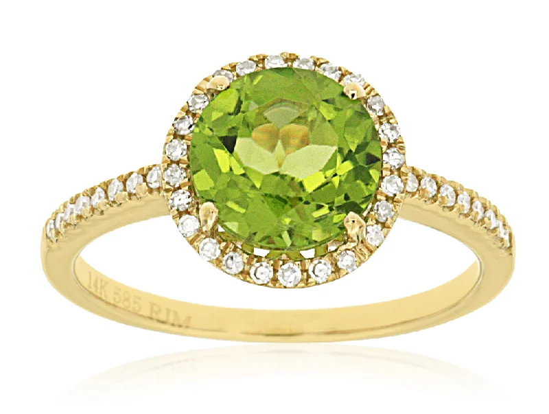 Classic engagement rings with colored diamonds-Round 8mm Peridot and Diamond Halo Pave Ring in 14k Yellow Gold