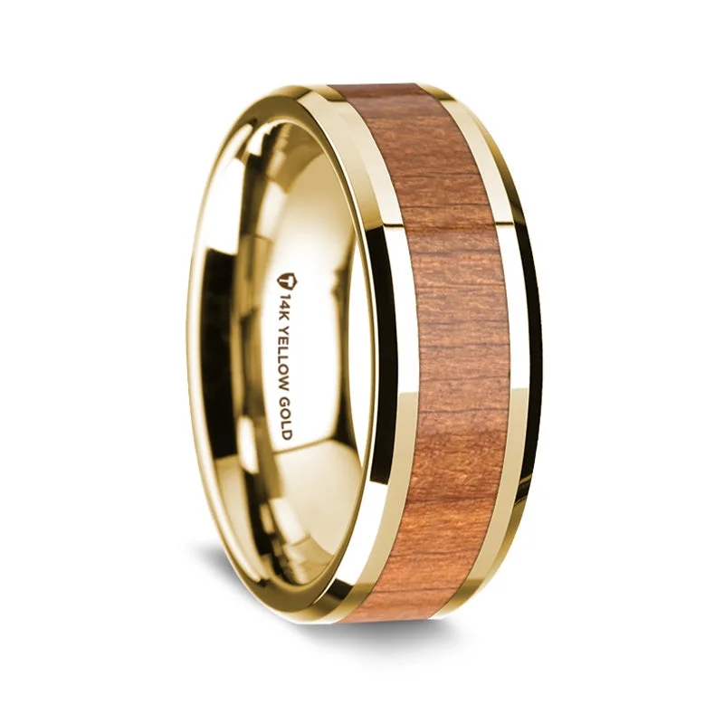 Modern minimalist rings for women-14k Yellow Gold Men's Wedding Band with Sapele Wood Inlay