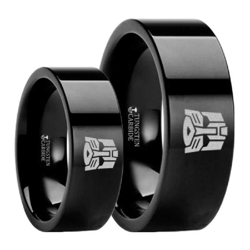 Custom wedding rings with birthstones-Transformers Autobots Black Tungsten Couple's Matching Wedding Band Set