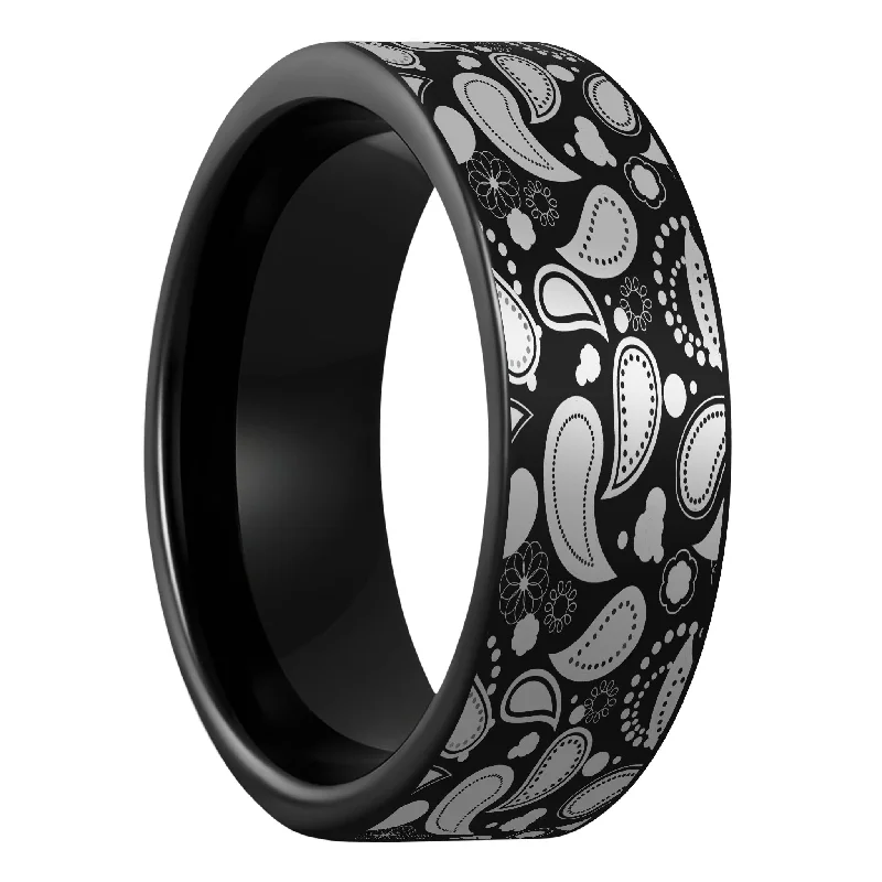 Elegant rings for every occasion-Paisley Pattern Black Tungsten Men's Wedding Band