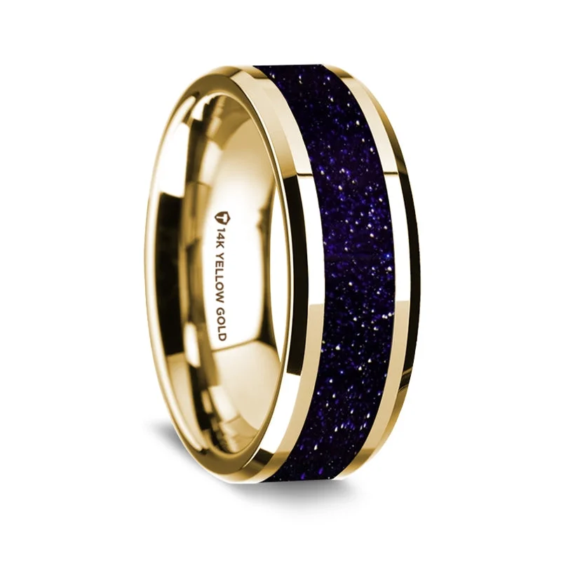 Custom rings with birthstone accents-14k Yellow Gold Men's Wedding Band with Purple Goldstone Inlay