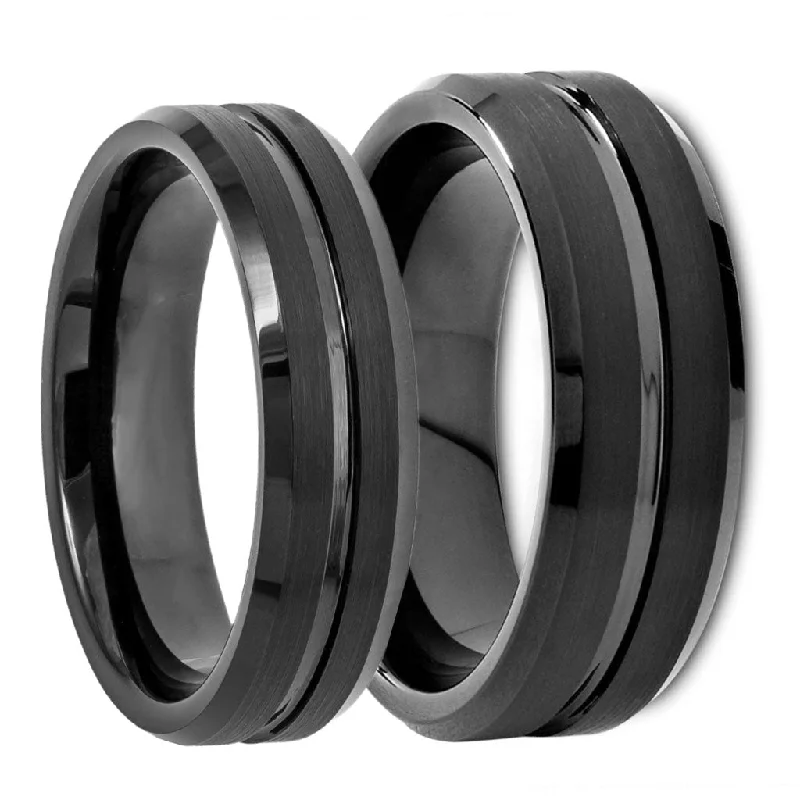 Beautiful cocktail rings for women-Grooved Black Tungsten Couple's Matching Wedding Band Set