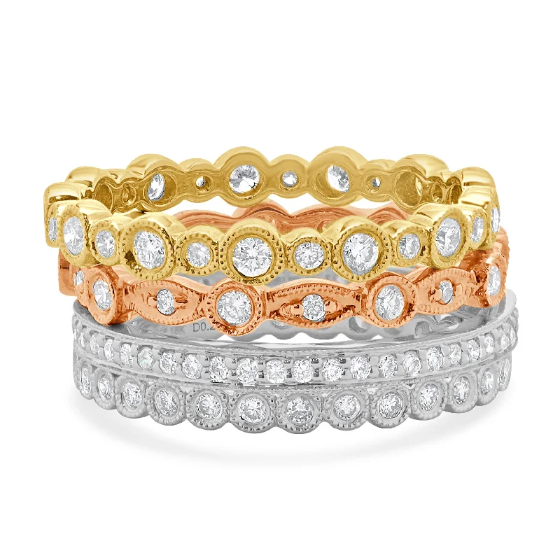 Vintage-inspired engagement rings for women-18 Karat White, Yellow, and Rose Gold Diamond Four Band Stack Set