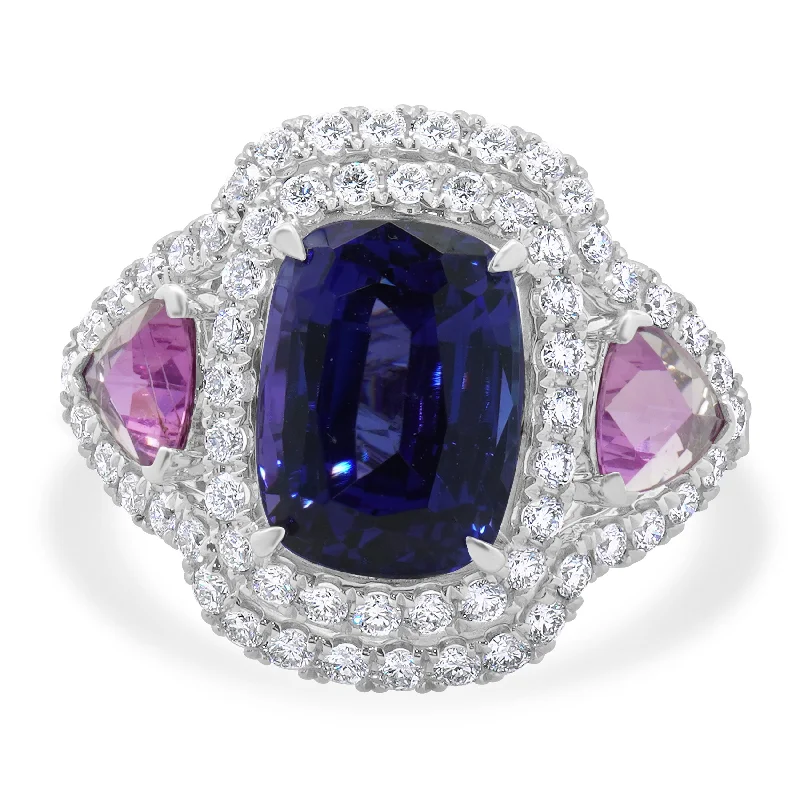 Affordable engagement rings with moissanite-18 Karat White Gold Tanzanite, Pink Sapphire, and Diamond Ring