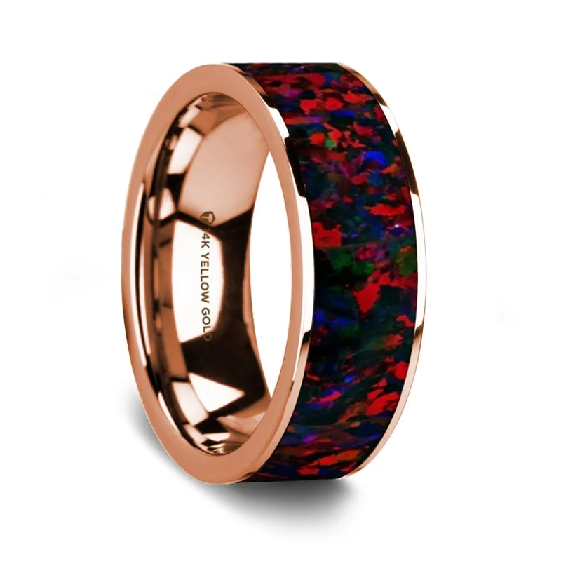 Unique promise rings for women-Black & Red Opal Inlay 14k Rose Gold Men's Wedding Band