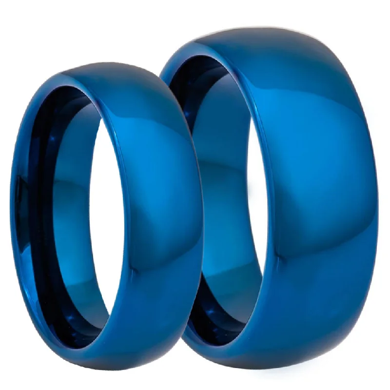 Affordable wedding rings for women-Blue Tungsten Couple's Matching Wedding Band Set