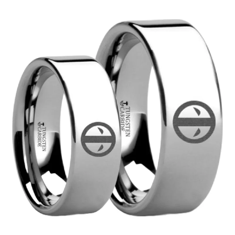 Stylish rings with multicolored gemstones-Deadpool Symbol Tungsten Couple's Matching Wedding Band Set