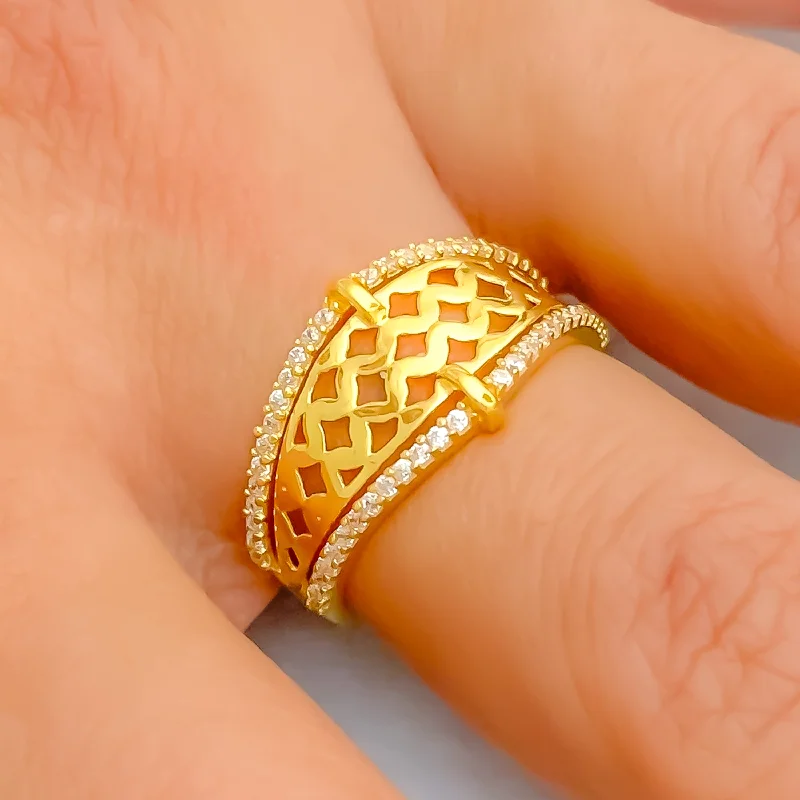 Stylish rings with colored diamonds-Elegant Decorative Tapering 22k Gold CZ Ring