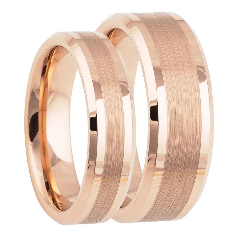 Elegant rings for gift-giving-Rose Gold Brushed Center Tungsten Couple's Matching Wedding Band Set