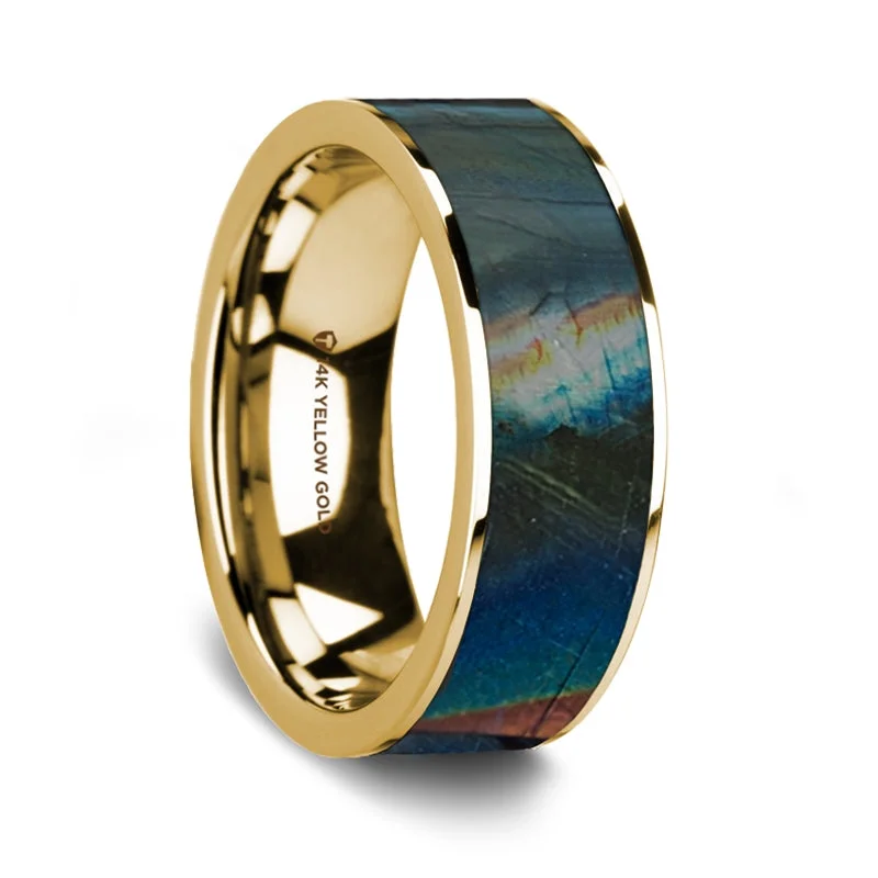 Beautiful rings with intricate designs-Spectrolite Inlay 14k Yellow Gold Men's Wedding Band