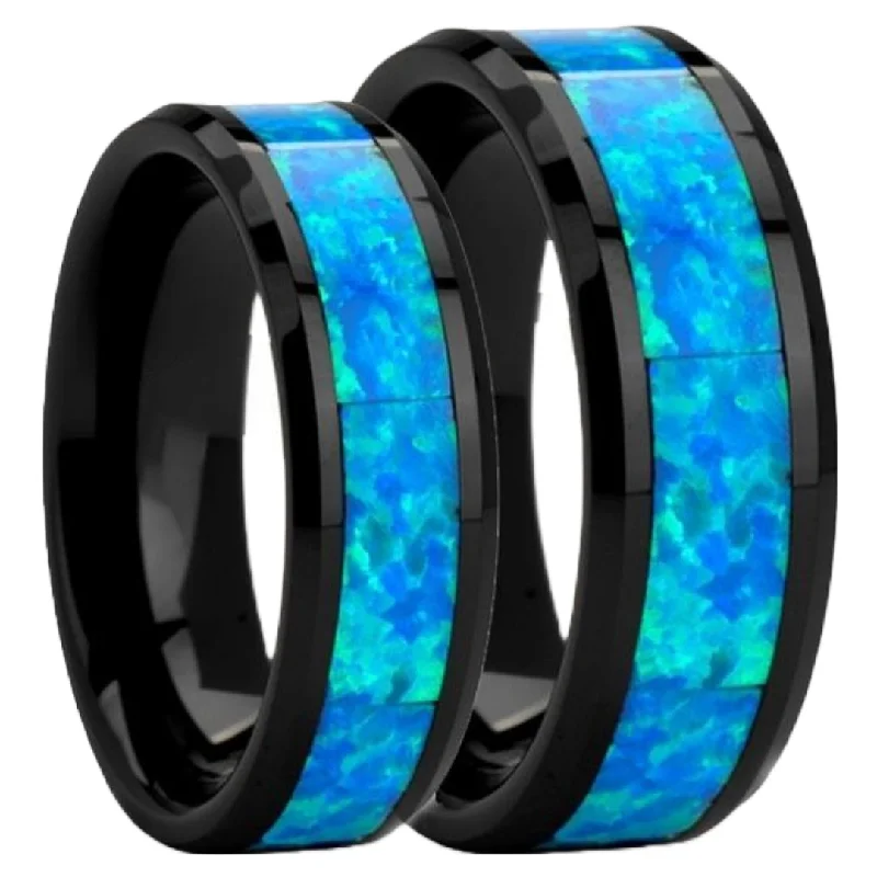 Luxury rings with topaz gemstones-Black Ceramic Couple's Matching Wedding Band Set with Blue & Green Opal Inlay