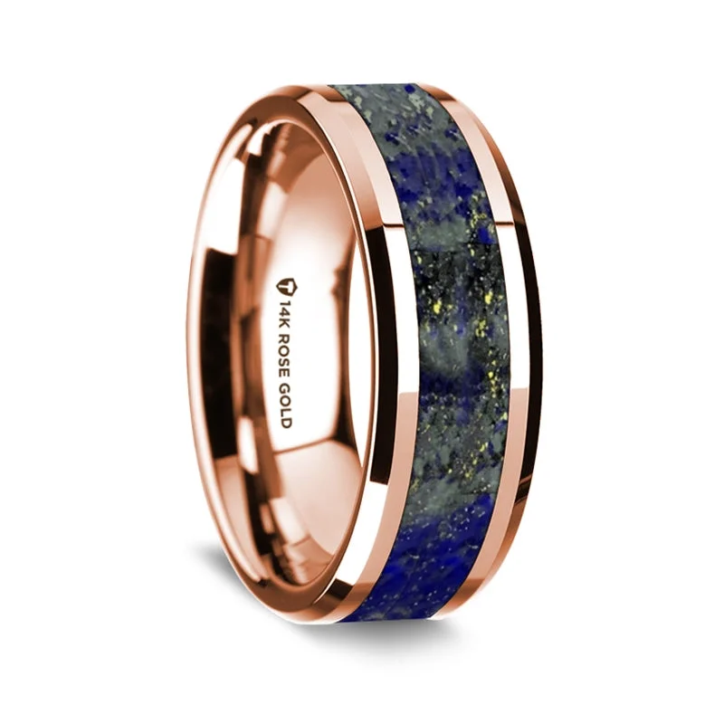 Classic rings with emerald-cut diamonds-14k Rose Gold Men's Wedding Band with Lapis Lazuli Inlay