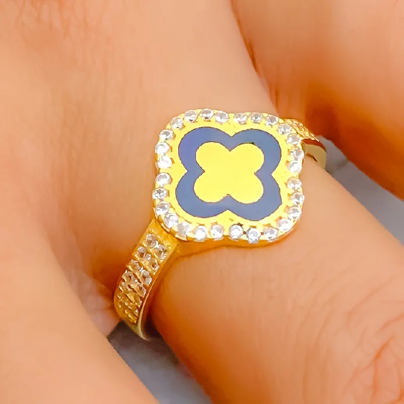 Unique sapphire rings for women-Trendy Floral 21k Gold Dazzling CZ Ring - Size 7