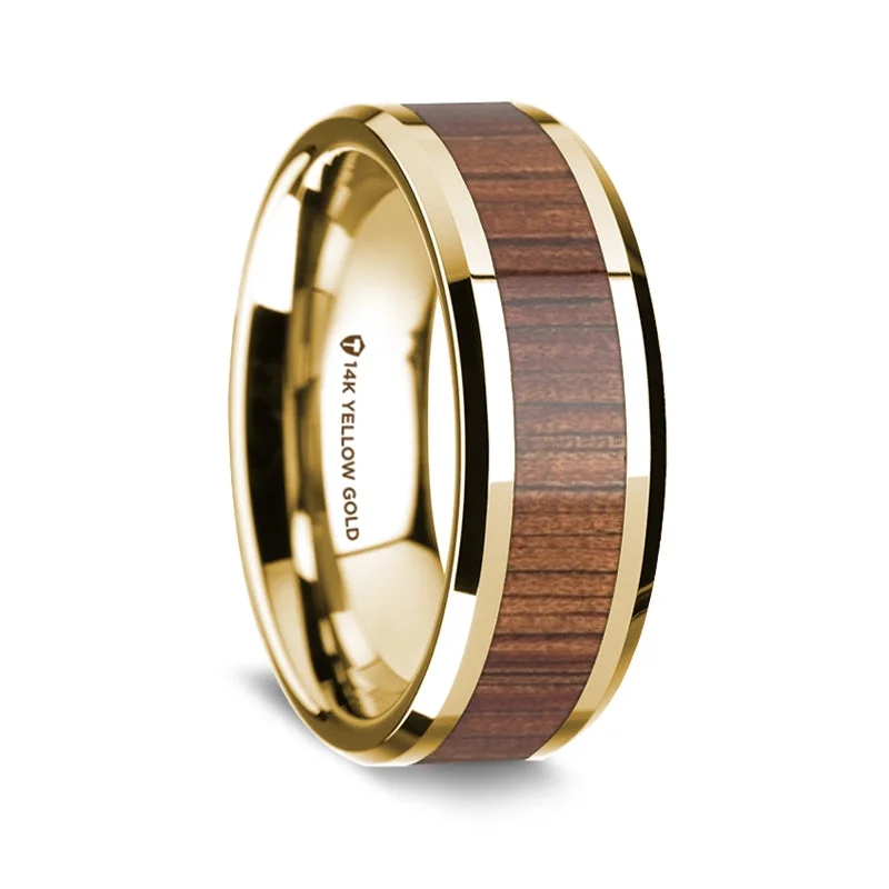 Antique-style rings for women-14k Yellow Gold Men's Wedding Band with Koa Wood Inlay