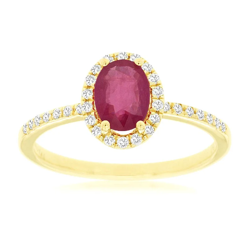 Elegant engagement rings with pear-shaped diamonds-Natural Red Oval Ruby Diamond Halo Pave Band Ring in Yellow Gold