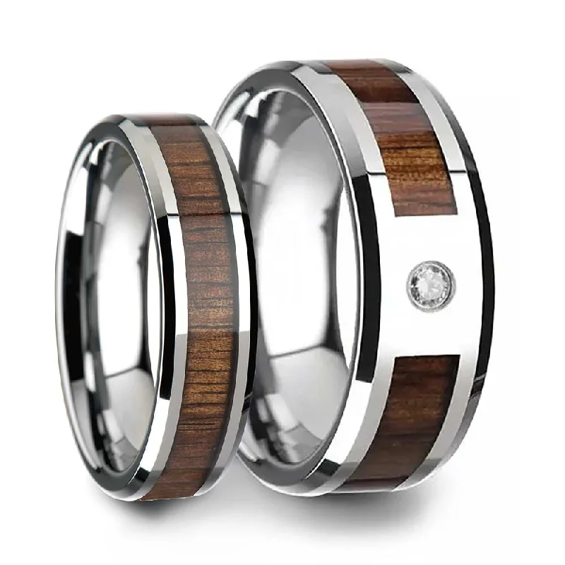 Beautiful rings with garnet stones-Koa Wood Inlaid Tungsten Couple's Matching Wedding Band Set