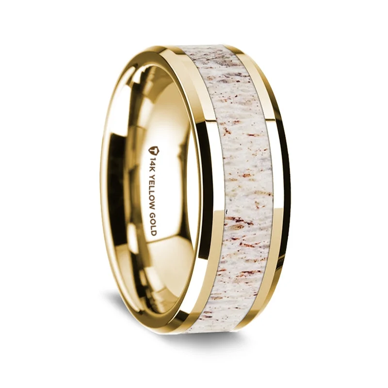 Statement rings with gemstones-14k Yellow Gold Men's Wedding Band with White Deer Antler Inlay