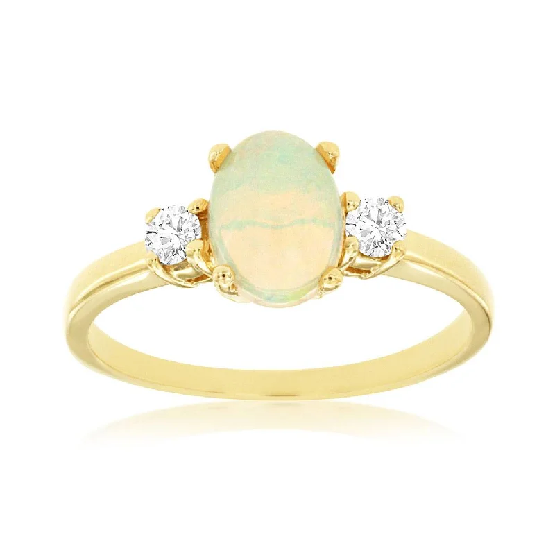 Custom engagement rings with colorful gemstones-Three Stone Oval Ethiopian Opal and Round Diamond Ring in Yellow Gold