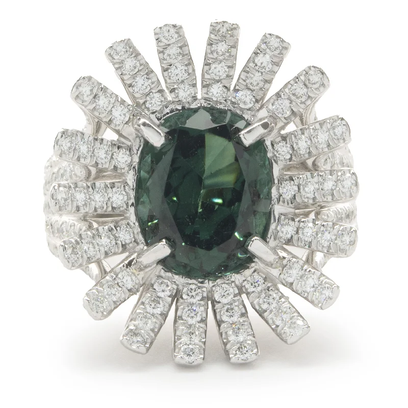 Unique engagement rings with cushion cut stones-Platinum Green Tourmaline and Diamond Spray Ring