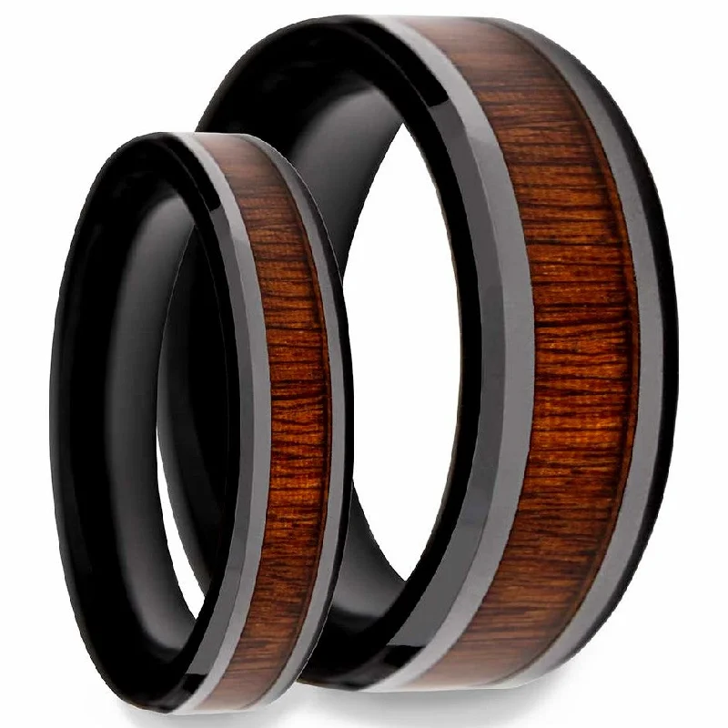 Stunning engagement rings with diamonds-Rose Wood Inlaid Black Ceramic Couple's Matching Wedding Band Set