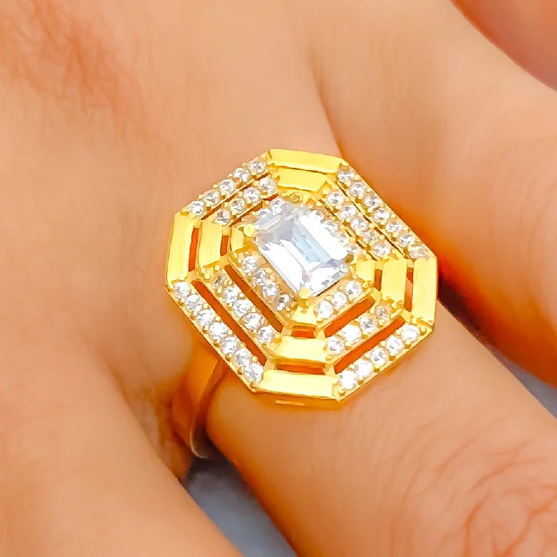 Diamond-encrusted rings for women-Dressy Decorative 22k Gold CZ Ring w/ Solitaire Stone